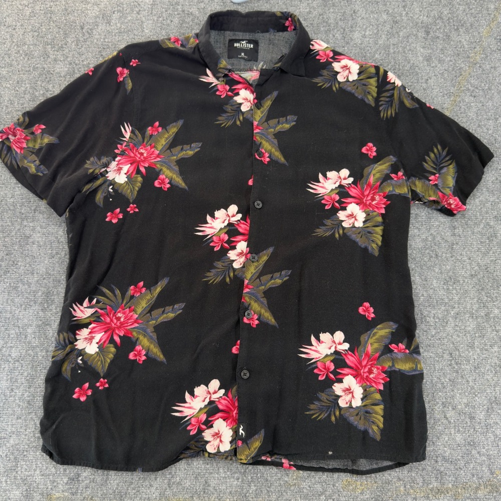Hollister Tropical Floral Button Down Shirt Black Pink Size XL